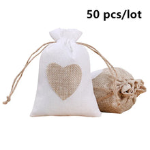 Load image into Gallery viewer, 50 Pcs/Lot Heart Shape Jute Drawstring Bags 10x14cm Jewelry Small Pouches Wedding Christmas Gift Package Pocket