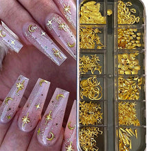 Load image into Gallery viewer, 12Grids Moon Star Nails Gold Metallic Nail Sequins Charms 3D Nail Art Tips Decoration 3D Metal Moon Star Sun Bead Rivet Nail Jewels