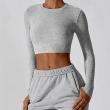 Load image into Gallery viewer, VITALINOVO Ribbed Crew Neck Cropprd Gym Tee Shirt Lightweight Basic Crop Tops Slim Fit Long Sleeve Workout Shirts for Women