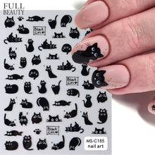 Load image into Gallery viewer, Cute Black Cat Nail Stickers Decals 3D Cat Flowers Nail Art Decoration Cute Cartoon Sliders Summer Manicure