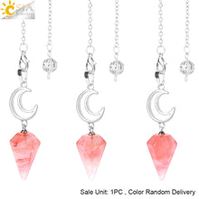 Load image into Gallery viewer, CSJA Crystals Moon Pendant Pendulum for Divination Dowsing Natural Stone Dowsing Reiki Pink Quartz Pendulos Healing Jewelry S965