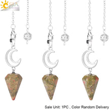 Load image into Gallery viewer, CSJA Crystals Moon Pendant Pendulum for Divination Dowsing Natural Stone Dowsing Reiki Pink Quartz Pendulos Healing Jewelry S965