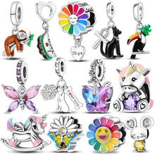 Load image into Gallery viewer, 925 Sterling Silver Colorful Lovely Pets Cat Dangle Sunflower Butterfly Sloth Charms Beads Fit Pandora Bracelet Necklace Jewelry