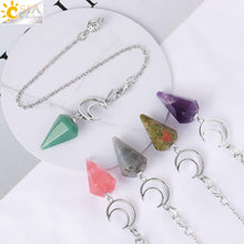 Load image into Gallery viewer, CSJA Crystals Moon Pendant Pendulum for Divination Dowsing Natural Stone Dowsing Reiki Pink Quartz Pendulos Healing Jewelry S965