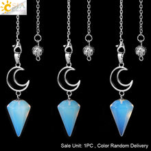 Load image into Gallery viewer, CSJA Crystals Moon Pendant Pendulum for Divination Dowsing Natural Stone Dowsing Reiki Pink Quartz Pendulos Healing Jewelry S965