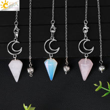 Load image into Gallery viewer, CSJA Crystals Moon Pendant Pendulum for Divination Dowsing Natural Stone Dowsing Reiki Pink Quartz Pendulos Healing Jewelry S965
