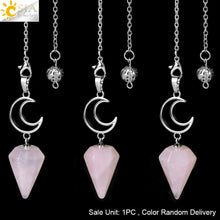Load image into Gallery viewer, CSJA Crystals Moon Pendant Pendulum for Divination Dowsing Natural Stone Dowsing Reiki Pink Quartz Pendulos Healing Jewelry S965