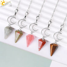 Load image into Gallery viewer, CSJA Crystals Moon Pendant Pendulum for Divination Dowsing Natural Stone Dowsing Reiki Pink Quartz Pendulos Healing Jewelry S965