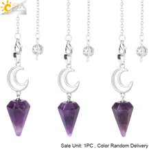 Load image into Gallery viewer, CSJA Crystals Moon Pendant Pendulum for Divination Dowsing Natural Stone Dowsing Reiki Pink Quartz Pendulos Healing Jewelry S965