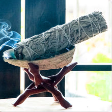 Load image into Gallery viewer, Abalone Shell Smudge Kit Wooden Tripod Stand Holder for White Sage Stick