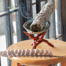 Load image into Gallery viewer, Abalone Shell Smudge Kit Wooden Tripod Stand Holder for White Sage Stick