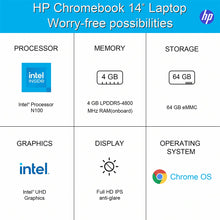 Load image into Gallery viewer, HP 2024 Newest Chromebook 14 inch FHD Laptop,Intel Processor N100,4GB LPDDR5 RAM,64GB eMMC,Intel UHD Graphics,Chrome OS,Silver

