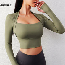 Load image into Gallery viewer, Aiithuug Padded Yoga Shirts Long Sleeve Yoga Crop Tops Low Cut Shirts Gym Shirt Workout Gym Top Insert Pads Slim Fit Sports Sexy
