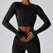 Load image into Gallery viewer, VITALINOVO Ribbed Crew Neck Cropprd Gym Tee Shirt Lightweight Basic Crop Tops Slim Fit Long Sleeve Workout Shirts for Women
