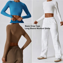 Load image into Gallery viewer, VITALINOVO Ribbed Crew Neck Cropprd Gym Tee Shirt Lightweight Basic Crop Tops Slim Fit Long Sleeve Workout Shirts for Women
