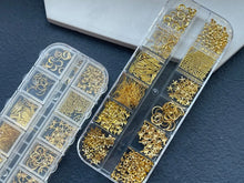 Load image into Gallery viewer, 12Grids Moon Star Nails Gold Metallic Nail Sequins Charms 3D Nail Art Tips Decoration  3D Metal Moon Star Sun Bead Rivet Nail Jewels
