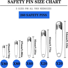 Load image into Gallery viewer, 260Pcs Safety Pins Assorted Size Large Safety Pins and Small Safety Pins for Clothes Sewing
