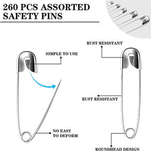 Load image into Gallery viewer, 260Pcs Safety Pins Assorted Size Large Safety Pins and Small Safety Pins for Clothes Sewing
