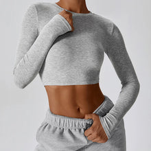 Load image into Gallery viewer, VITALINOVO Ribbed Crew Neck Cropprd Gym Tee Shirt Lightweight Basic Crop Tops Slim Fit Long Sleeve Workout Shirts for Women
