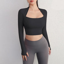 Load image into Gallery viewer, Aiithuug Padded Yoga Shirts Long Sleeve Yoga Crop Tops Low Cut Shirts Gym Shirt Workout Gym Top Insert Pads Slim Fit Sports Sexy
